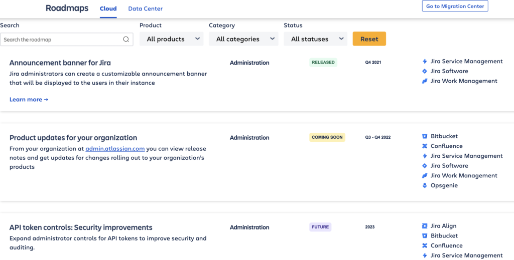 Atlassian Cloud roadmapa prodůktů