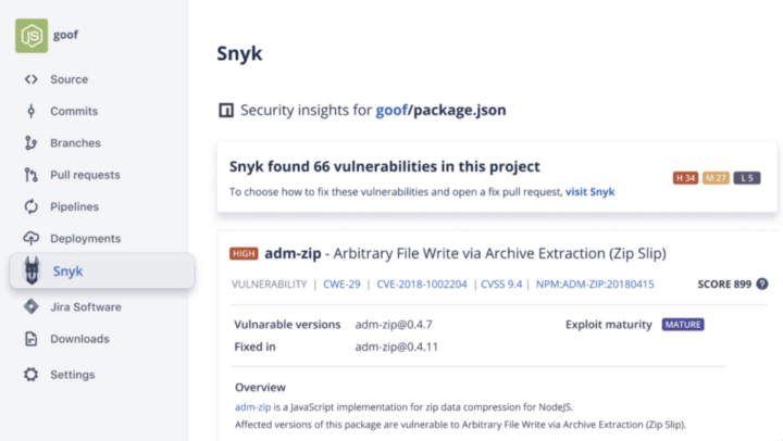 Snímek obrazovky z aplikace Bitbucket